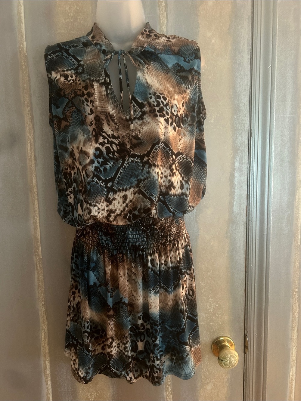Ariella Blue and Brown Animal-Print Mini Dress